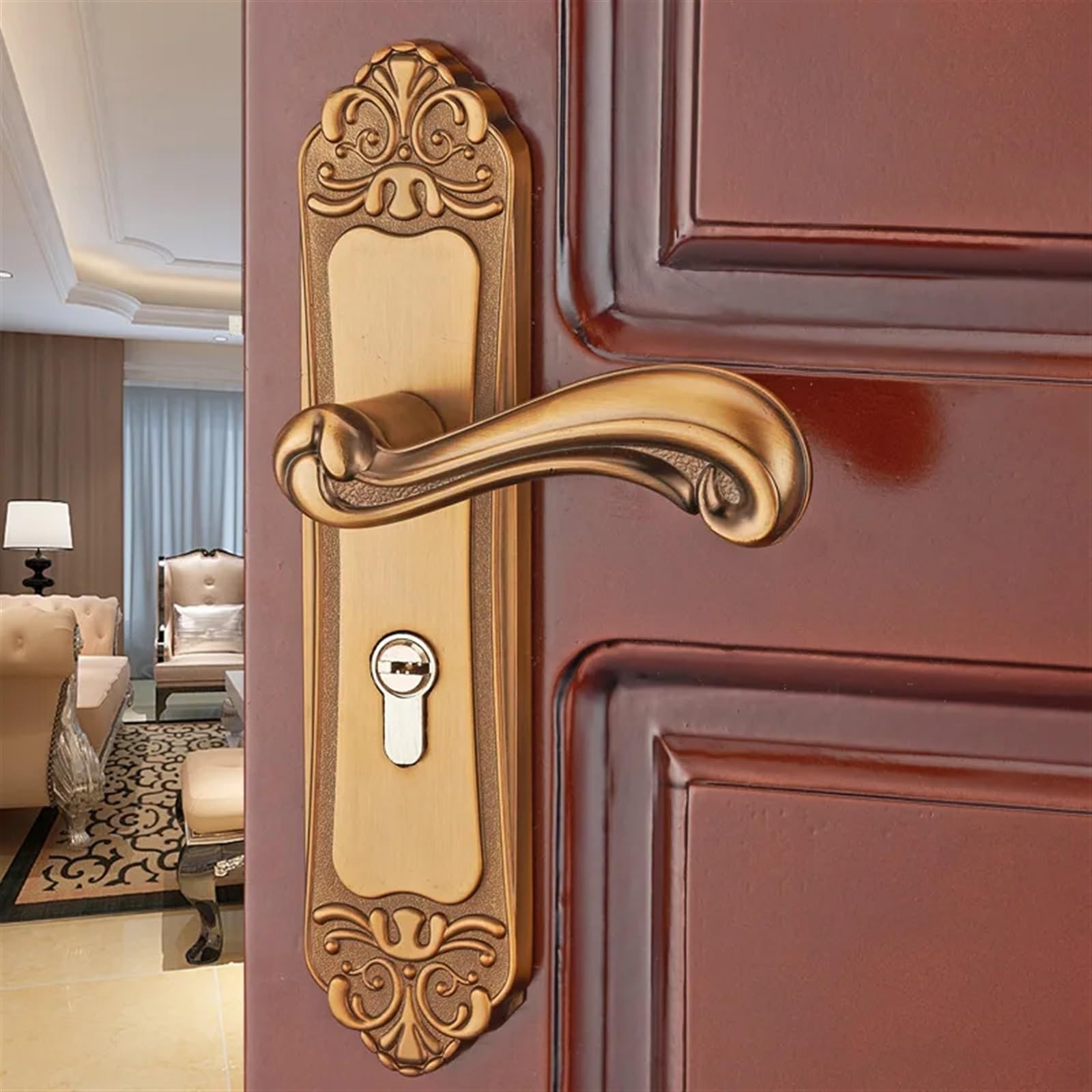 Serrure de porte en bois de style européen en alliage aluminium jaune poignée de chambre intérieure