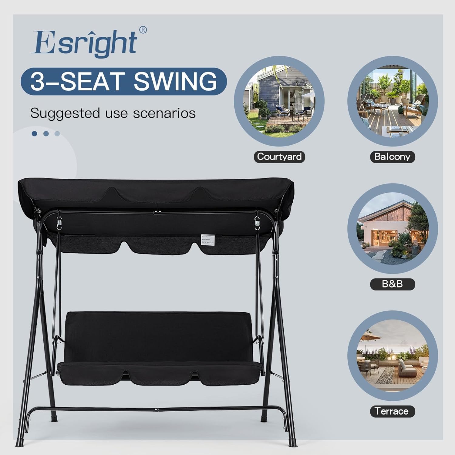 Esright Patio Swings Outdoor, 3-Seat Glider Patio Swings with Removable Cushion and Adjustable Canopy, Porch Bench for Garden, Poolside&Backyard, Black - Image 6