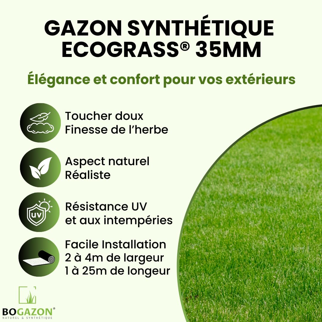 Gazon synthétique EcoGrass 35 mm (2 m x 15,5 m) | Pelouse Premium | Décoration Maison | Résistant UV | Garanties 15 ans