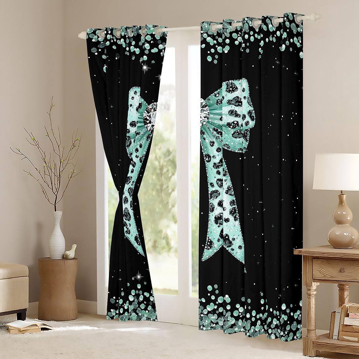 Feelyou Bow Blackout Curtains Bowknot Darkening Drapes for Bedroom Living Room Decor Green Bow Thermal Insulated Shades Leopard Print Window Treatments, 2 Panels 38 x 54 Inch Glitter