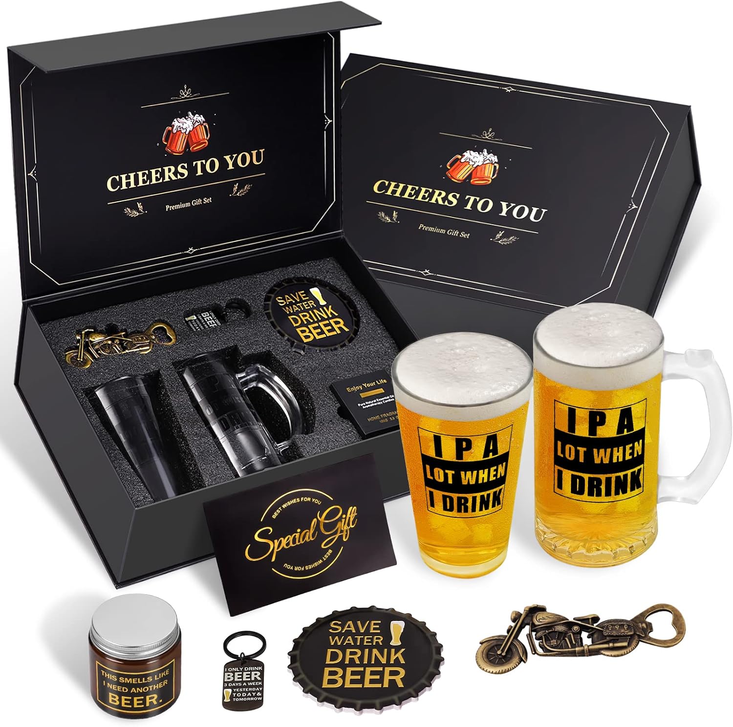 Beer Gifts for Men, Gift Basket for Beer Lovers, Gifts Box for Dad Husband Boyfriend Grandpa, Anniversary Wedding Birthday Gifts for Him incl. Beer Glass Bottle Opener Coaster Keychain