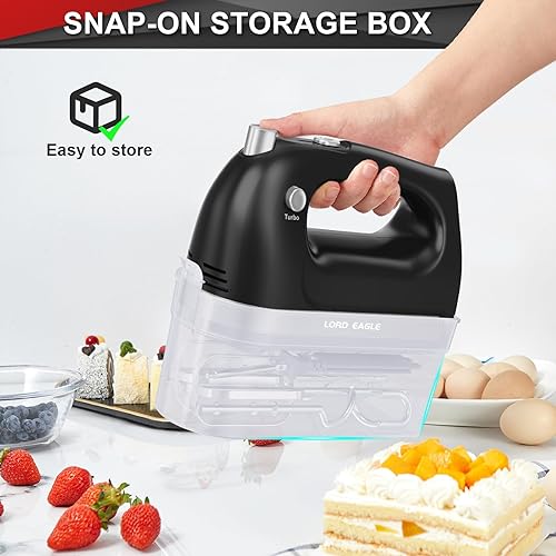 Miniatura 5 de Lord Eagle Batidora de mano eléctrica de 400 W, batidora de mano de 5 velocidades, 5 accesorios de acero inoxidable para hornear, pastel, huevo,