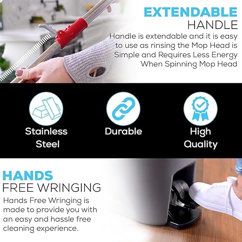 Miniatura 3 de SIMPLI-MAGIC Trapeador giratorio de 360 y cubo con escurridor - 10,000 ciclos de giro - 3 cabezales de repuesto de microfibra de alta absorción -