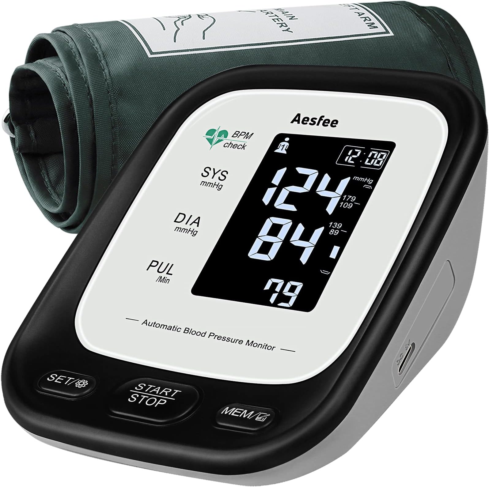 Aesfee Blood Pressure Monitor Upper Arm USB Rechargeable, Accurate Automatic BP Machine & Heart Rate Pulse Meter 22-36cm Adjustable Cuff, 2×90 Memory Sets, Backlit LCD Display