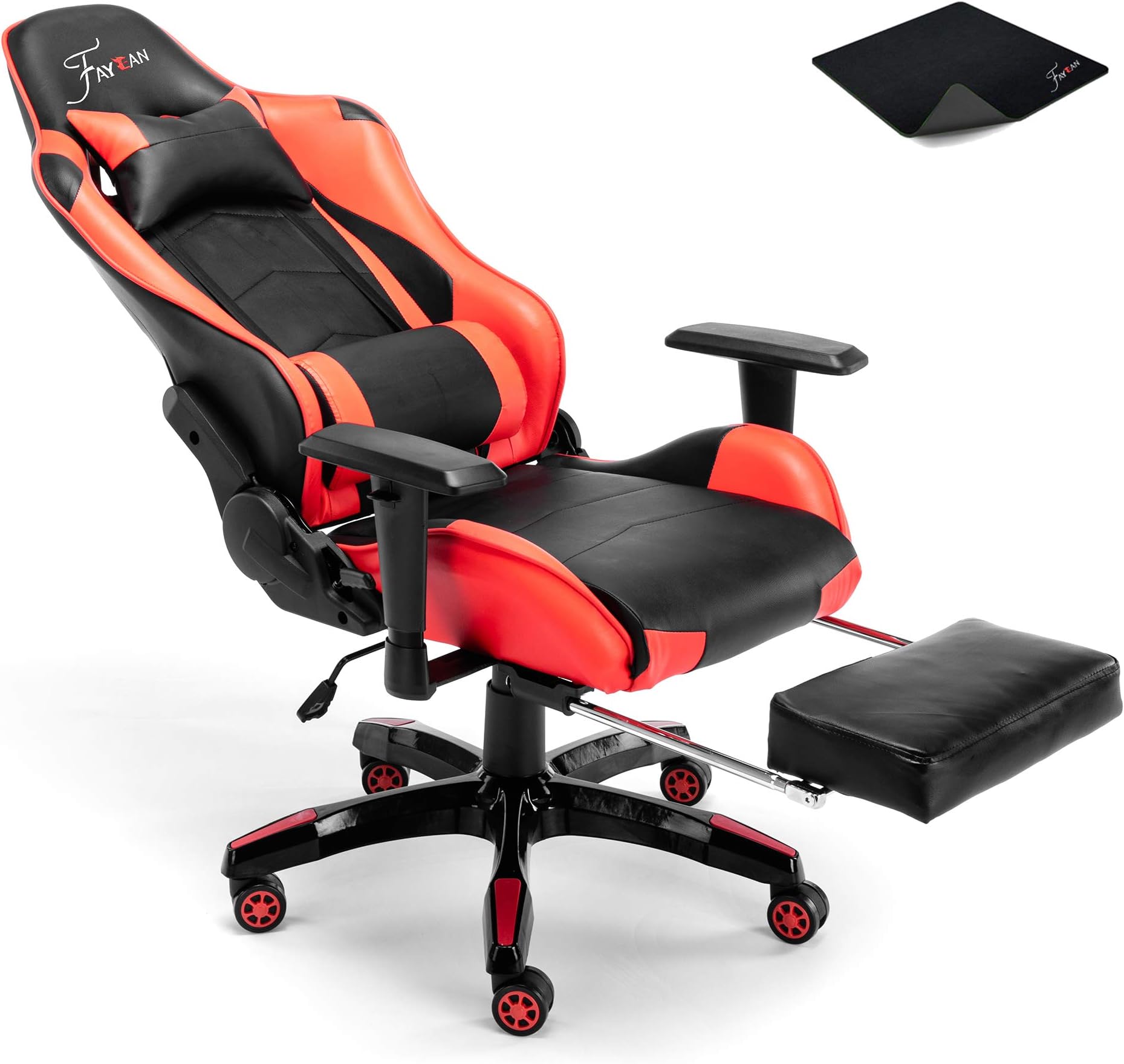 FAYEAN Gaming Chair Ergonomic Office Home Chairs with Footrest and Back Support Adjustable High Back Swivel PU Leather Computer Chair with Lumbar Support and Headrest (Red)