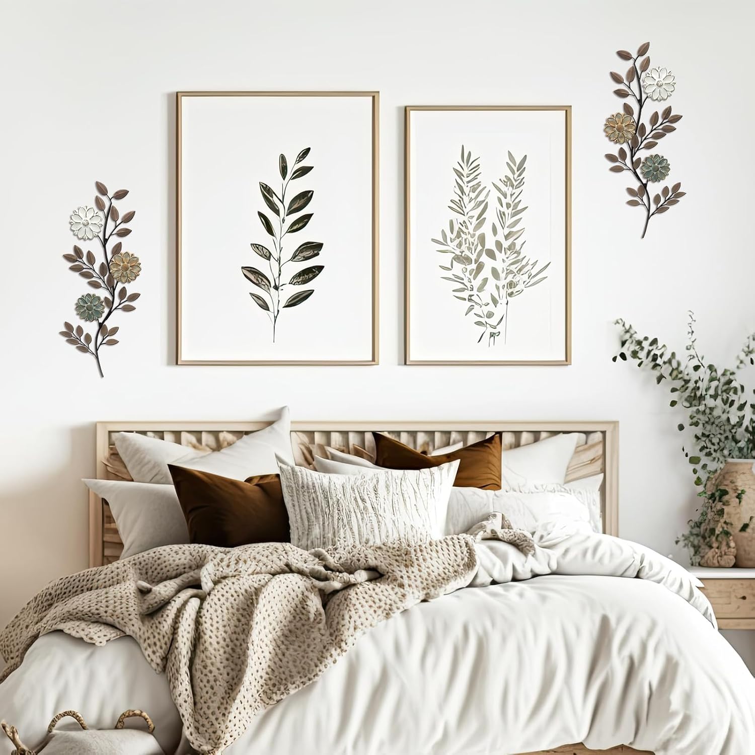 MorningRo 2 Pcs Metal Flower Leaves Wall Art Spring Wall Decor Living Room, 15.75 Inch Vintage Rustic Branch Leaf Wrought Iron Scroll Art Decor for Spring Bedroom Indoor Outdoor Decorations(Brown)