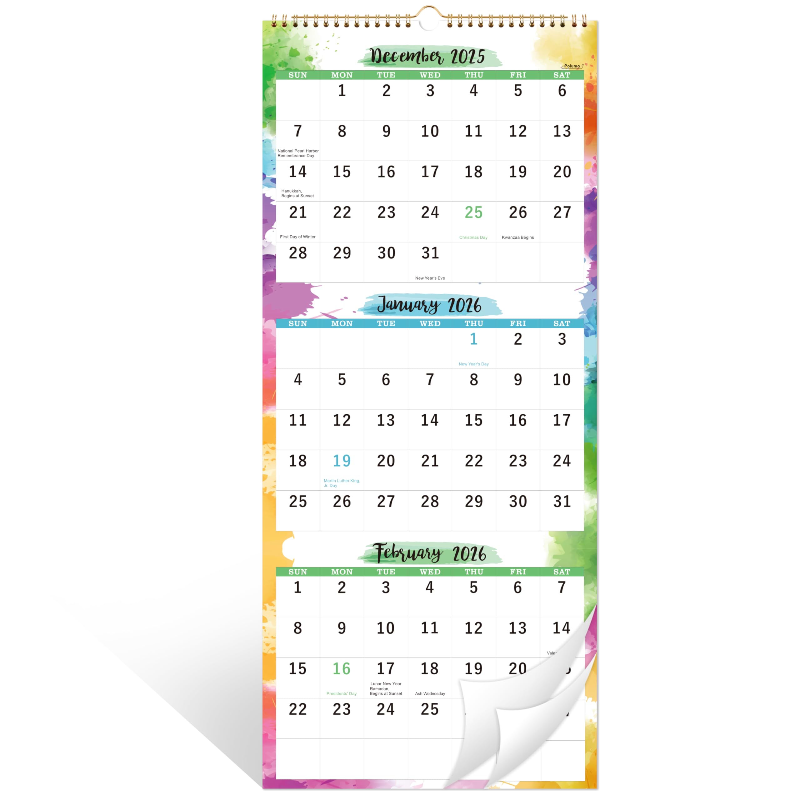 2026 Calendar - 3 Month Wall Calendar 2026 Display (Folded in a Month), Jan 2026 - Dec 2026, 11" x 26", Vertical Calendar with Thick Paper, 2026 Wall Calendar Perfect for Organizing & Planning
