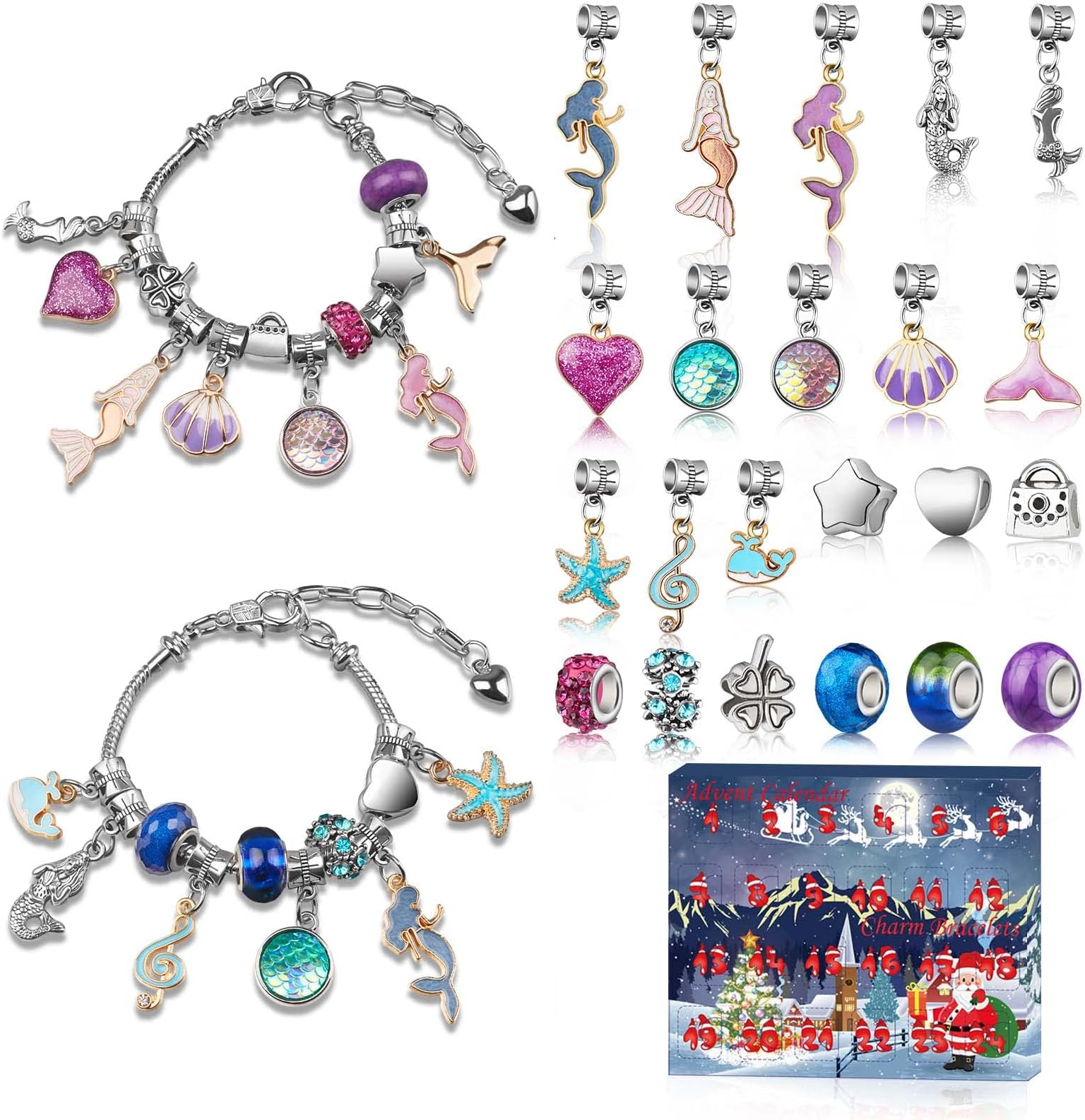 Christmas Advent Calendar 2024, Advent Calendars for Kids/Girl/Teens/Teenagers/Adult Women, Little Mermaid Charm Bracelet Jewelry Making Kit for Girls Crafts Mermaid Accessories, Gift for Girls 6-12