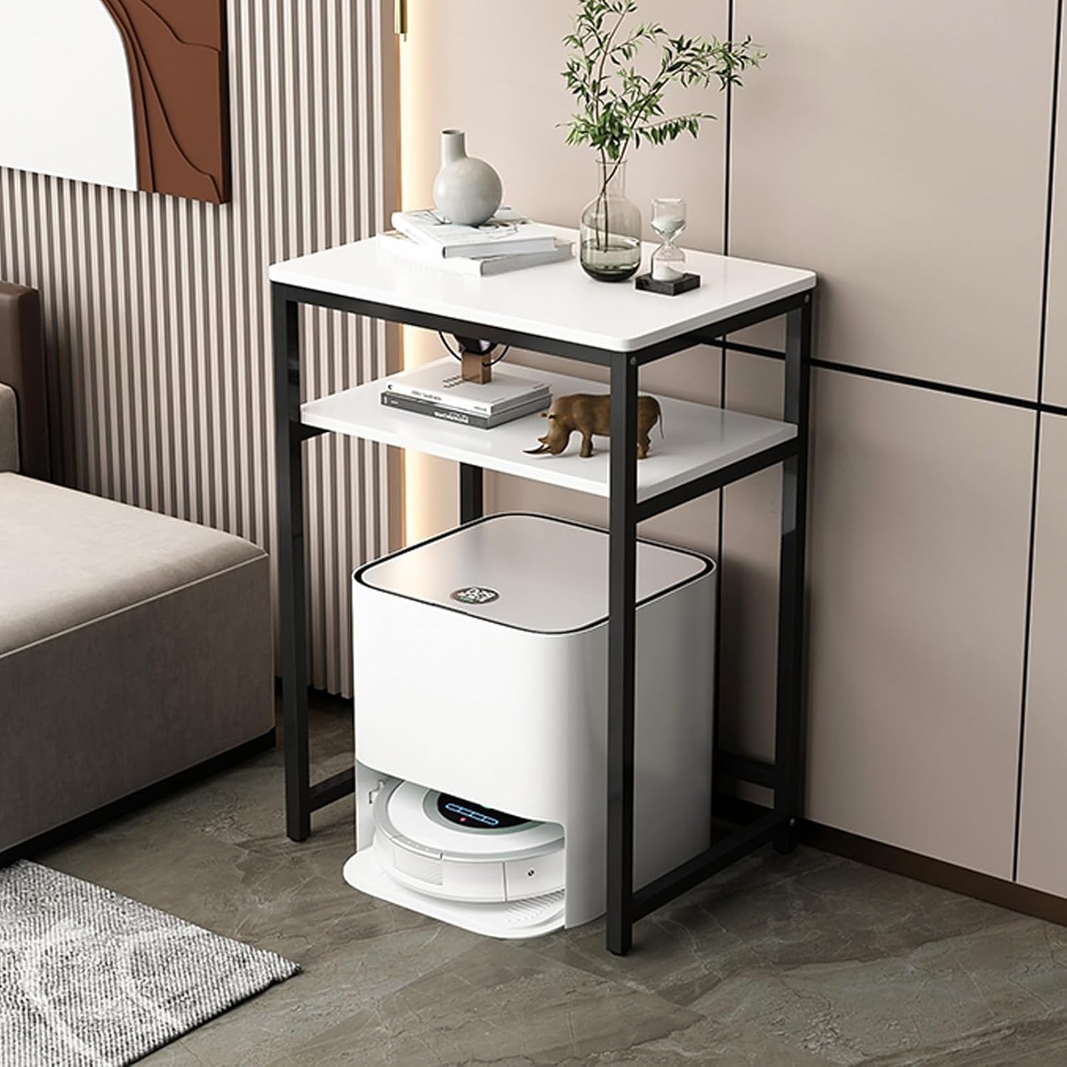 Robot Vacuum Stand, Self-Emptying Sweeper Storage Rack, Open Base Cabinet, Modern Side Table for Living Room & Home Office (Black, 50x107cm/19.7x42.1in)