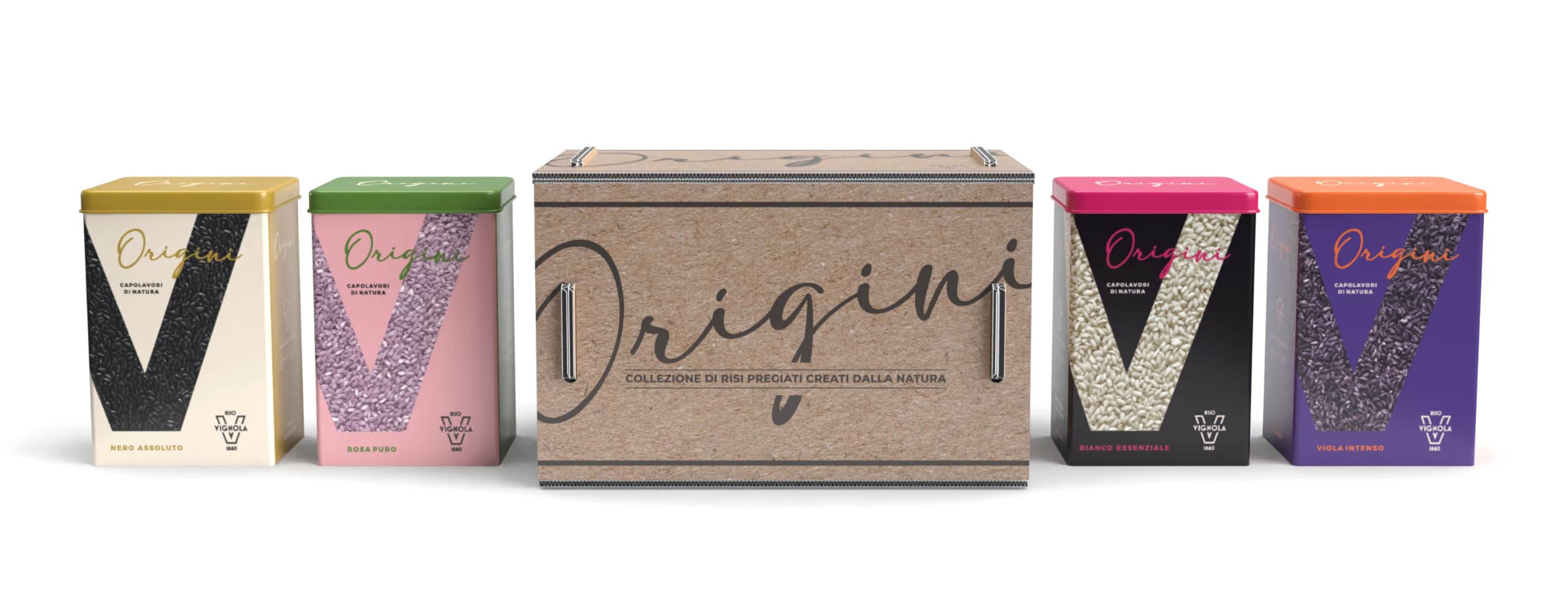 Riso Vignola, Origini, Cofanetto Degustazione Riso, Box Selezione Varietà di Riso Carnaroli e Verelé, Contiene 4 Latte Salvafreschezza da 500gr, Ricettario Incluso