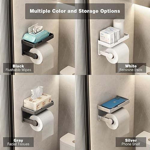 Miniatura 5 de VOLDRA Soporte de papel higiénico con estante para teléfono, autoadhesivo o atornillado, soporte de pared para papel higiénico, a prueba de óxido y