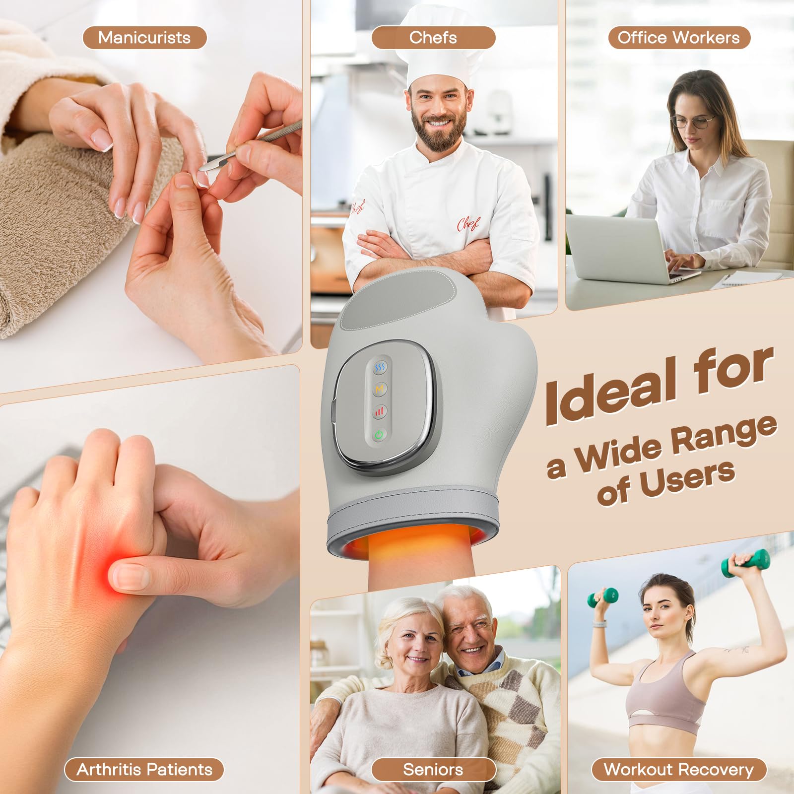 Masajeador de Manos Eléctricos Inalámbrico con Calor y Compresión, 3 Modos, 5 Niveles, 3 Temperaturas, Masajeador Manos Artrosis, Relaja las Mano, Regalo para Hombres y Mujeres