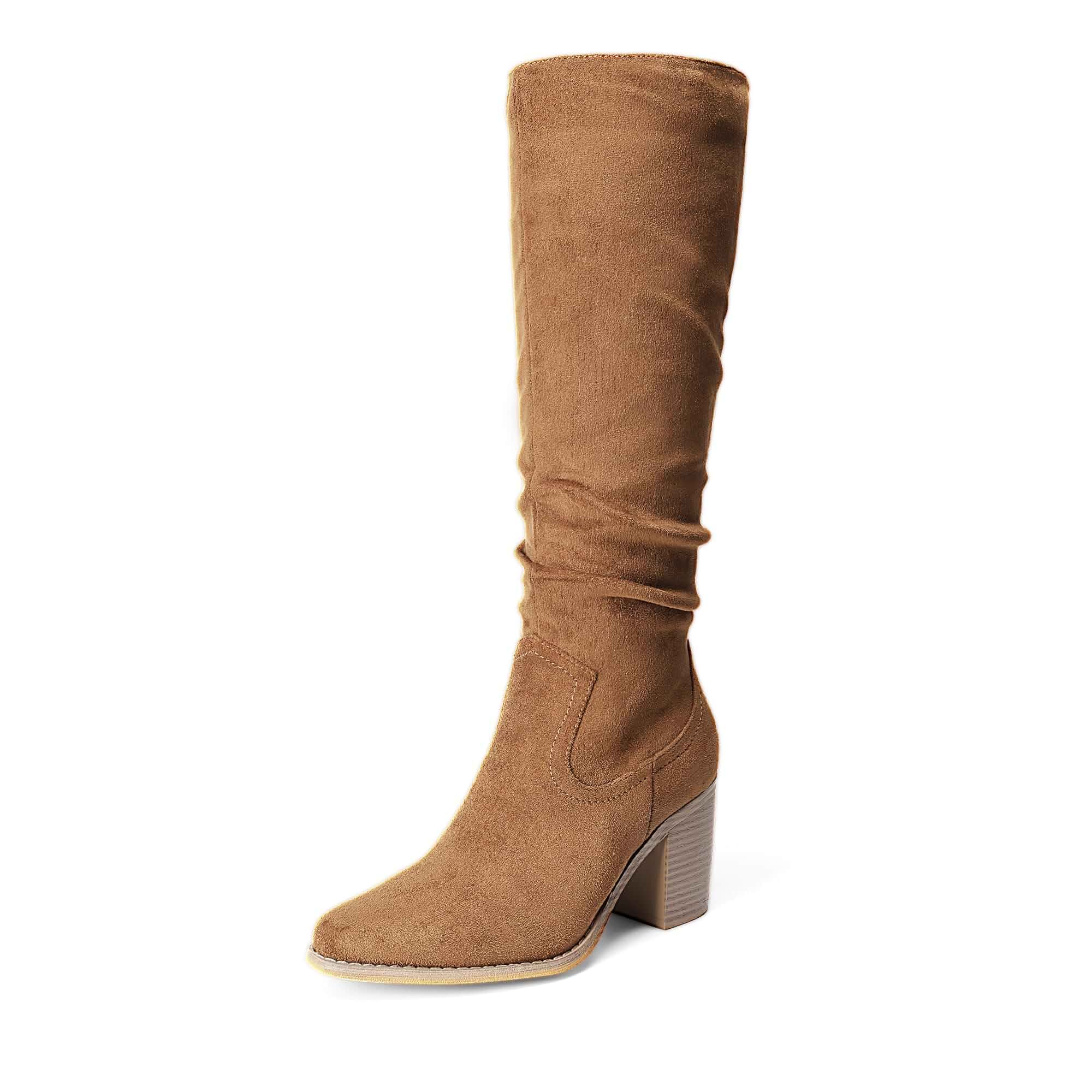 DREAM PAIRS Women's Slouchy Knee-High Chunky Heel Boots 3-in Block Heel,Faux Suede Leather,Slouch Pull-on,Side Zipper,Pointed Toe,Comfortable Fall Winter Boots for Women