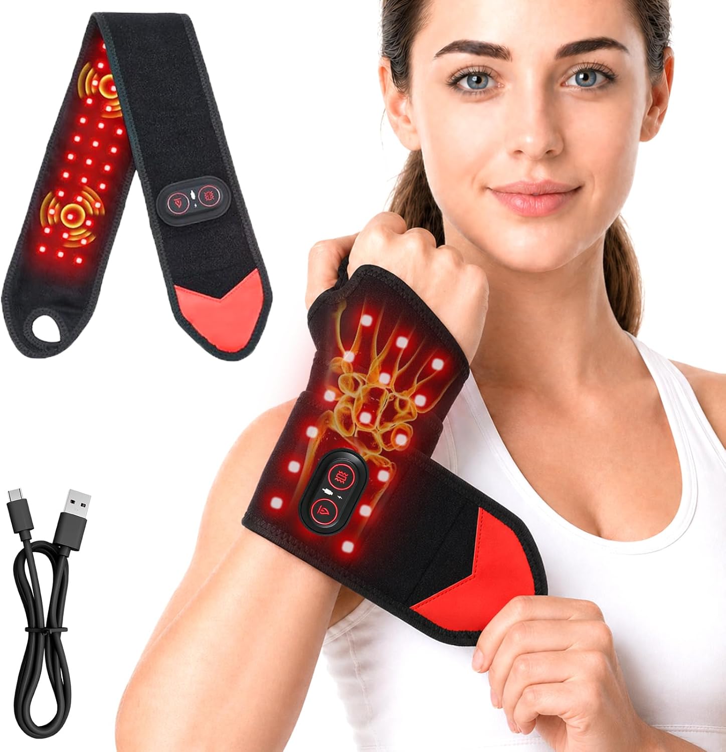 Red Light Therapy for Wrist and Hand,Cordless Heated Wrist Brace with Vibration,with Temperature Control,Red Light Therapy Heated Wrist Massager Wrap y 36 LED for Wrist, Arm,660nm & 850nm
