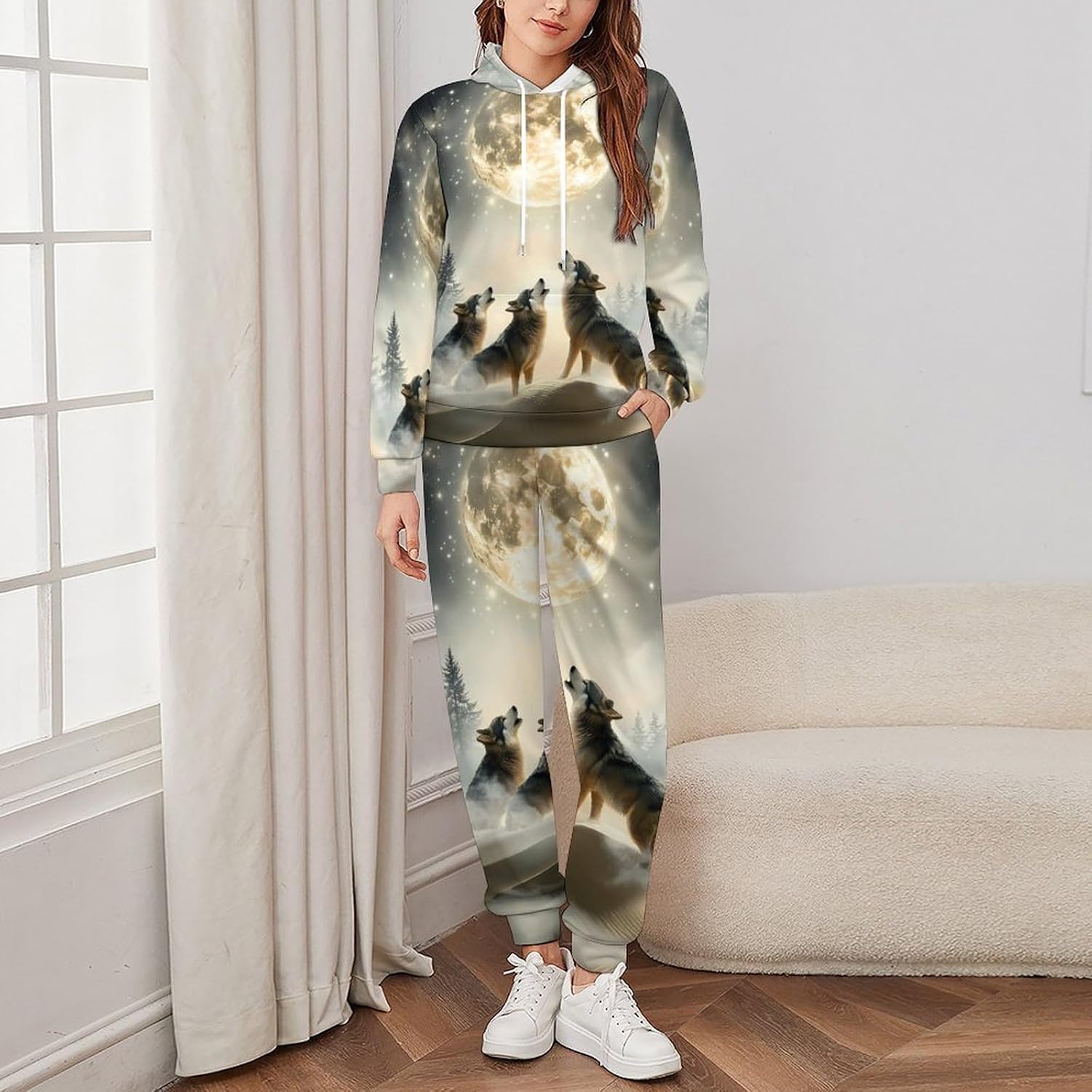 Wolf Howling to The Moon Adult 2 Piece Tracksuits Hoodie Sweatshirt And Joggers Sweatpants Sweat Suit Outfits