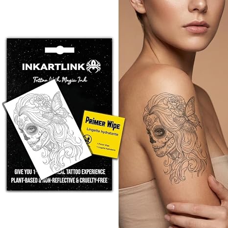 INKARTLINK Sugar Skull Temporary Tattoos, Realistic Waterproof Fake Tattoos