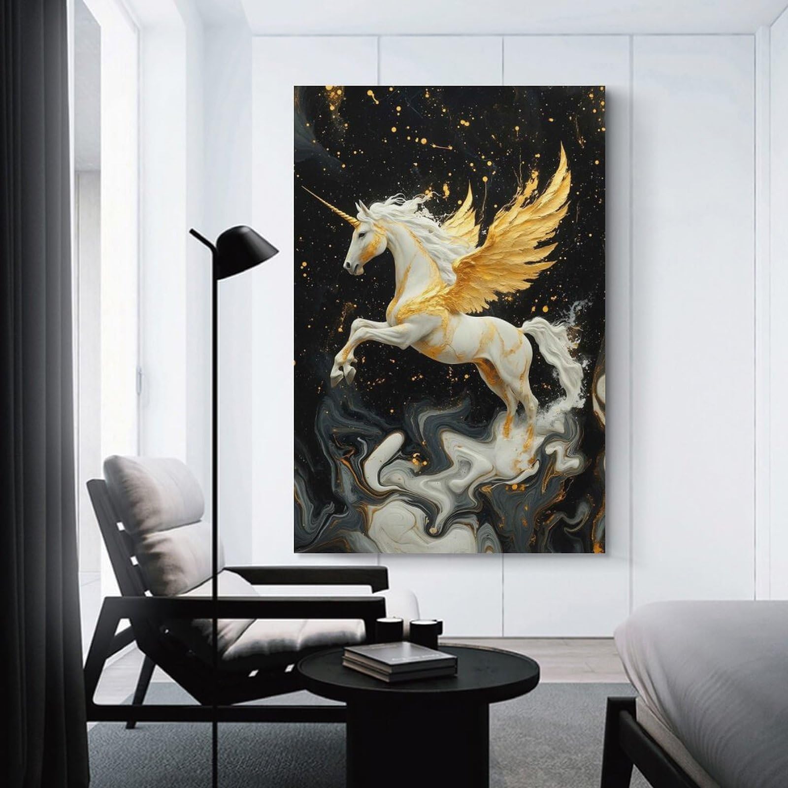 Junmoney Unframe-Style-22 Canvas Wall Picture Golden Winged Unicorn On Marble, 24X36inch(60X90cm), For Bedroom, Lounge Or Dressing Area, Stylish Decor For A Restful Room Update