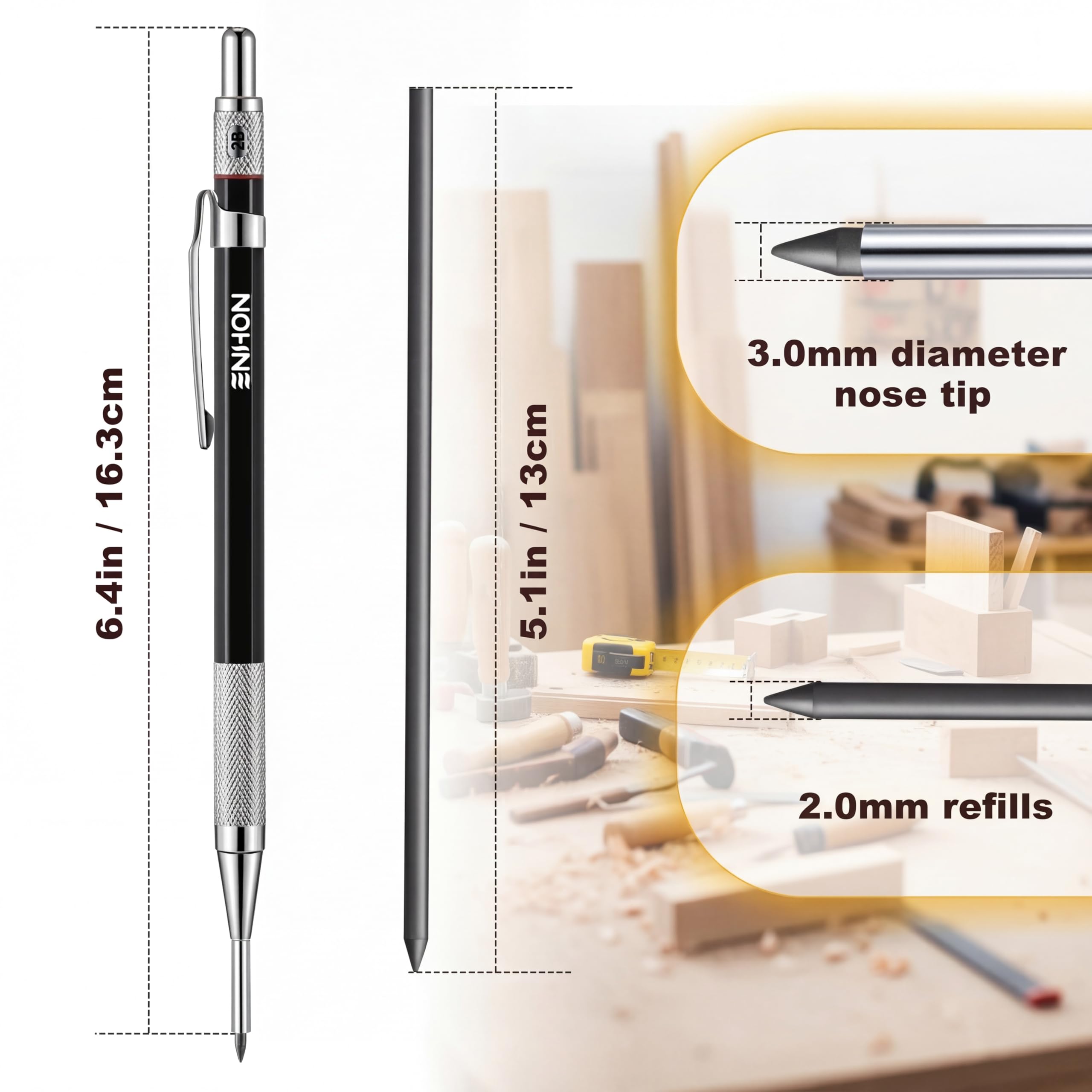Enhon Nowy ołówek stolarski 2 mm [5 cm 1] z 13 wkładami, solidne mechaniczne ołówki stolarskie z wbudowaną temperówką, zestaw ołówków stolarskich z głębokim otworem, do obróbki drewna, dla