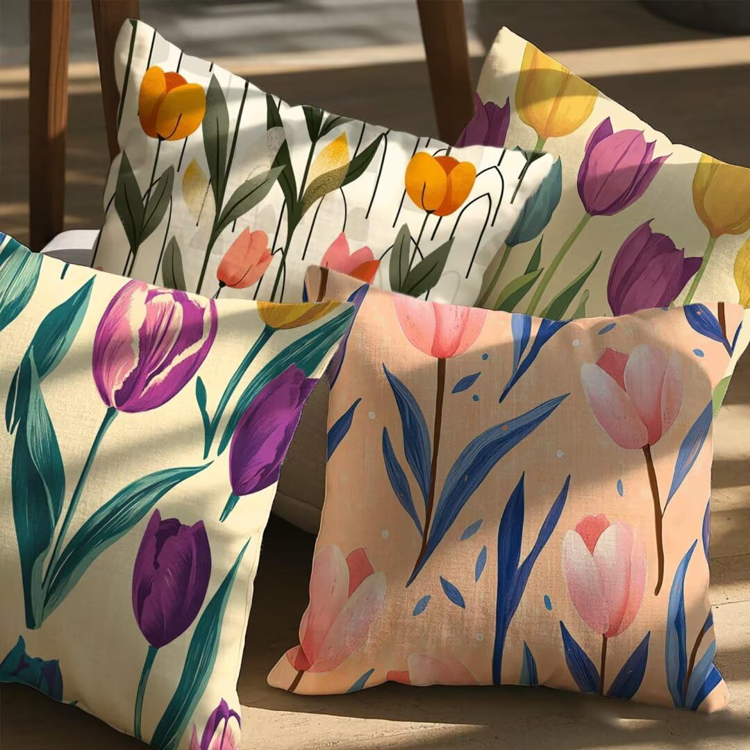 Housse de coussin 45x45cm en lin de qualité supérieure motif tulipe
