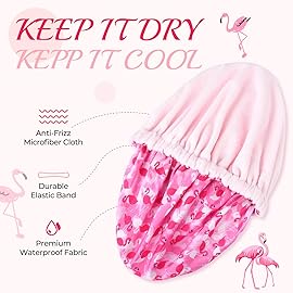 Shower Cap for Women Terry Lined Bath Cap Large Reusable Waterproof Elastic Band Pink Flamingo Shower Caps for Long Thick Hair Soft Bath Shower Hair Caps