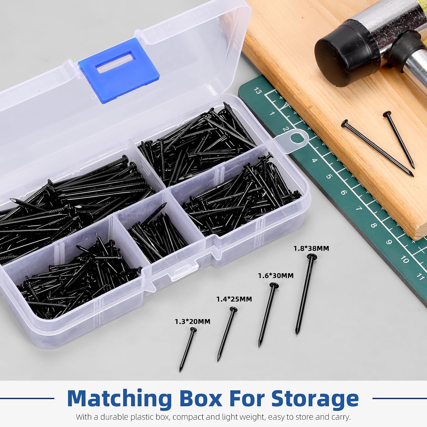Glarks 500pcs 3/4’’ 1’’ 1-3/16’’ 1-1/2’’ Length Nail Assortment Kit, Black Hanging Nails, Finishing Nails, Wall Nails, Wood Nails, Common Nails, Hardware Nails for Picture Wall Hanging