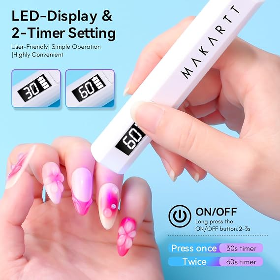 Makartt Handheld UV Nail Lamp Flash Cure for Gel-X Tips & Nail Glue | Rechargeable Cordless Mini UV Nail Light with LCD Display for Fast Curing Gel Polish, DIY Nail Art, Home and Salon Use, White