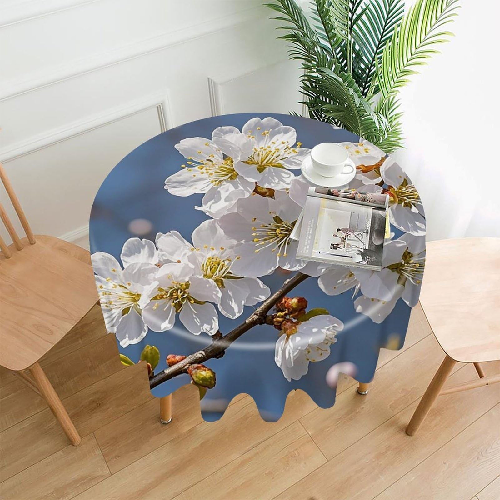 VstaDank Japanese Floral Cherry Blossom Table Cloth Fashions Washable Round Tablecloth Decorative Table Cover Comfortable Straight Edge Tablecover for Dining Kitchen Party Outdoor 60 Inch