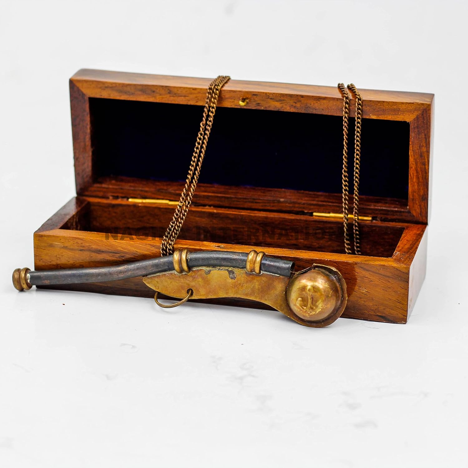 Nagina International Boatswain's Brass Crafted Bosun's Pipe Whistle with Chain & Handcrafted Rosewood Anchor Inlayed Case | Pirate's Decor Collection | Maritime Decor (Brass Antique W/Box) : Sports & Outdoors