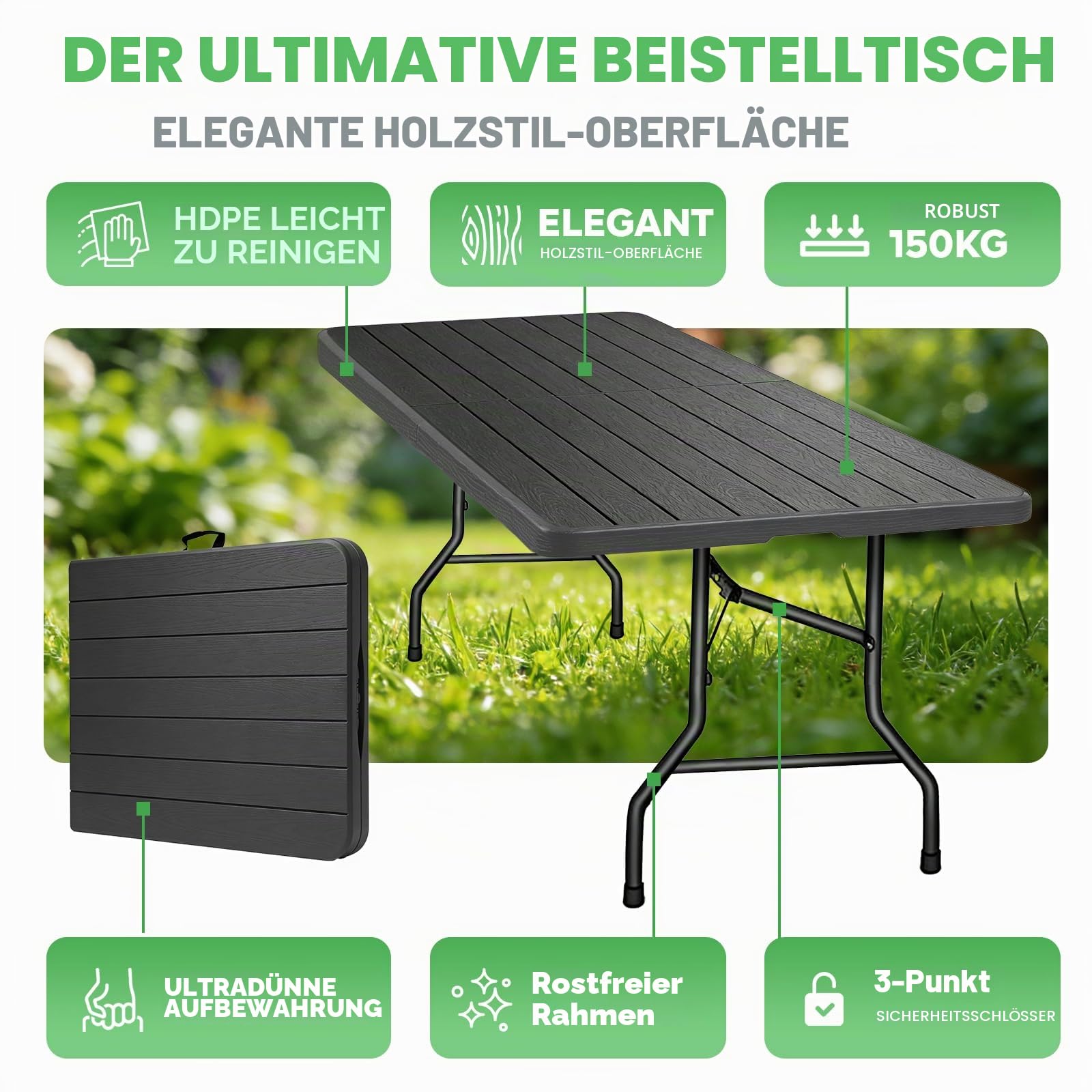 Klappbarer Gartentisch 180x74cm, Outdoor Campingtisch für 8 Personen, schwarz mit Holzoptik-Kunststoffplatte, Metallrahmen, belastbar 150kg, 3 Sicherheitsverschlüsse, Buffetstisch für Garten, Balkon