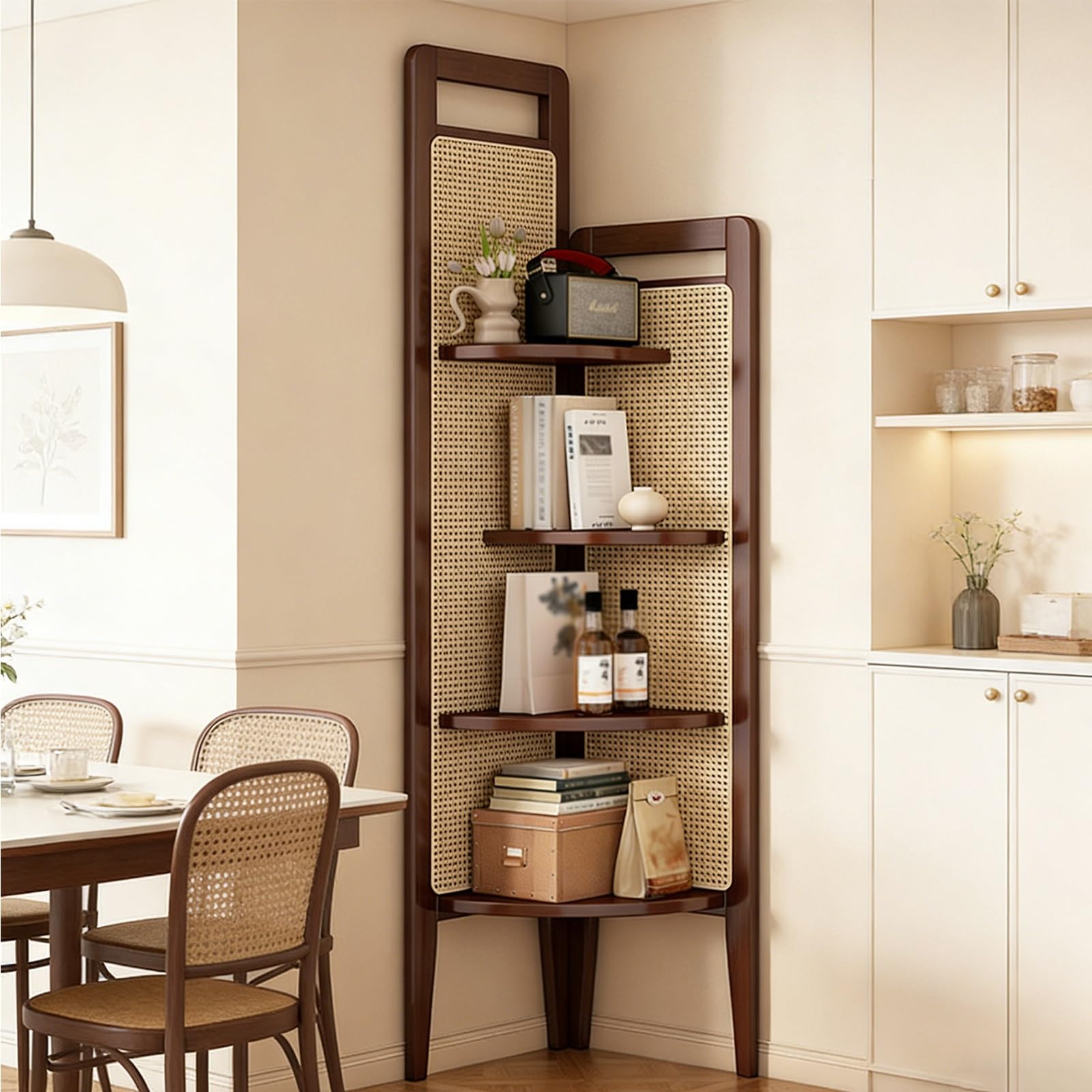 Estantería esquinera de ratán para organizar el dormitorio y la cocina con estilo natural