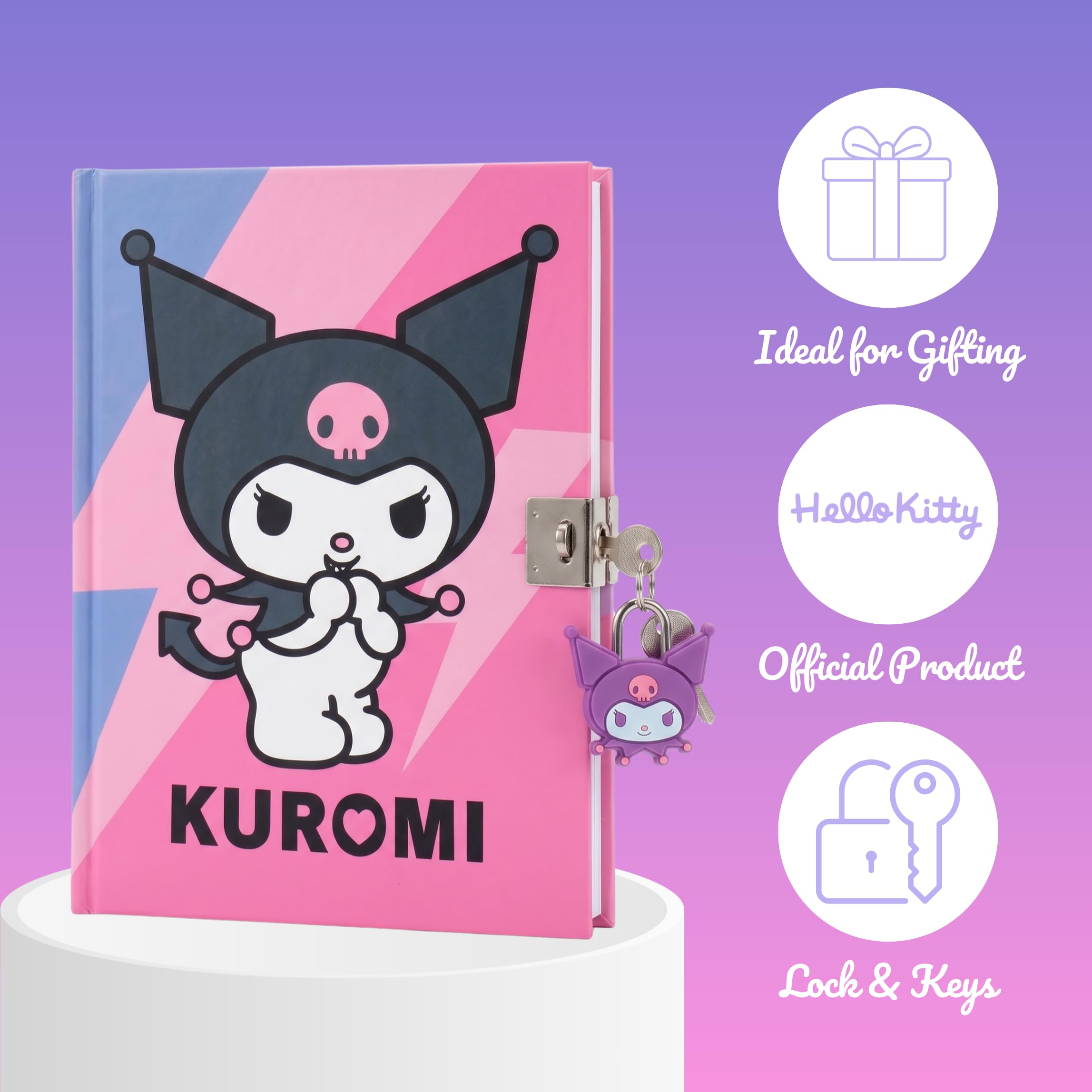 Hello Kitty Kuromi Juego de Papelería para Niñas, Incluye Cuaderno Pegatinas Boligrafo Candado y Llaves, Regalo para Niñas