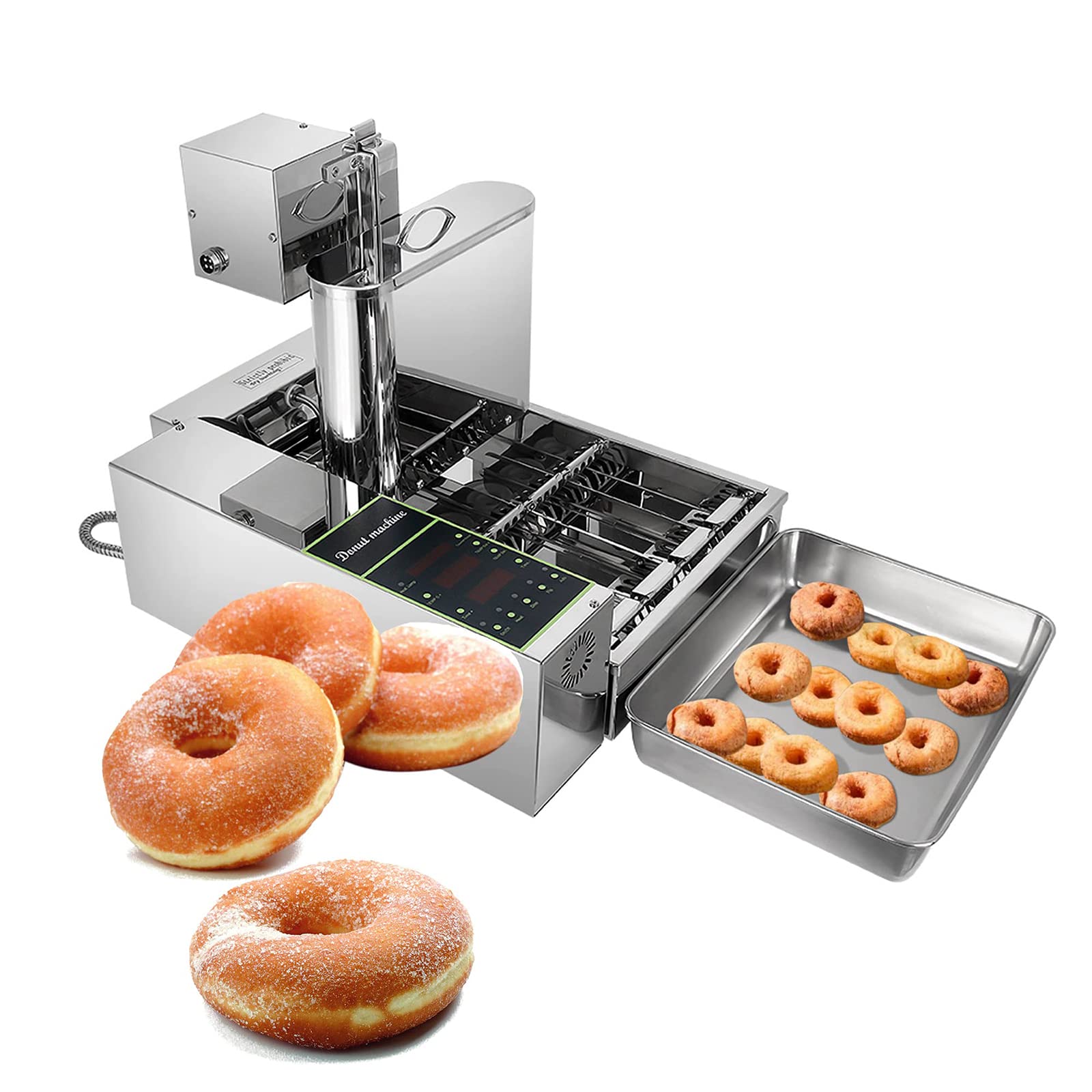 Máquina automática de donas, 2000 W, comercial, 4 filas, máquina automática de donas con tolva de 5,5 L, freidora digital de donas, grosor de dona ajustable, acero inoxidable, tolva de 5,5 L