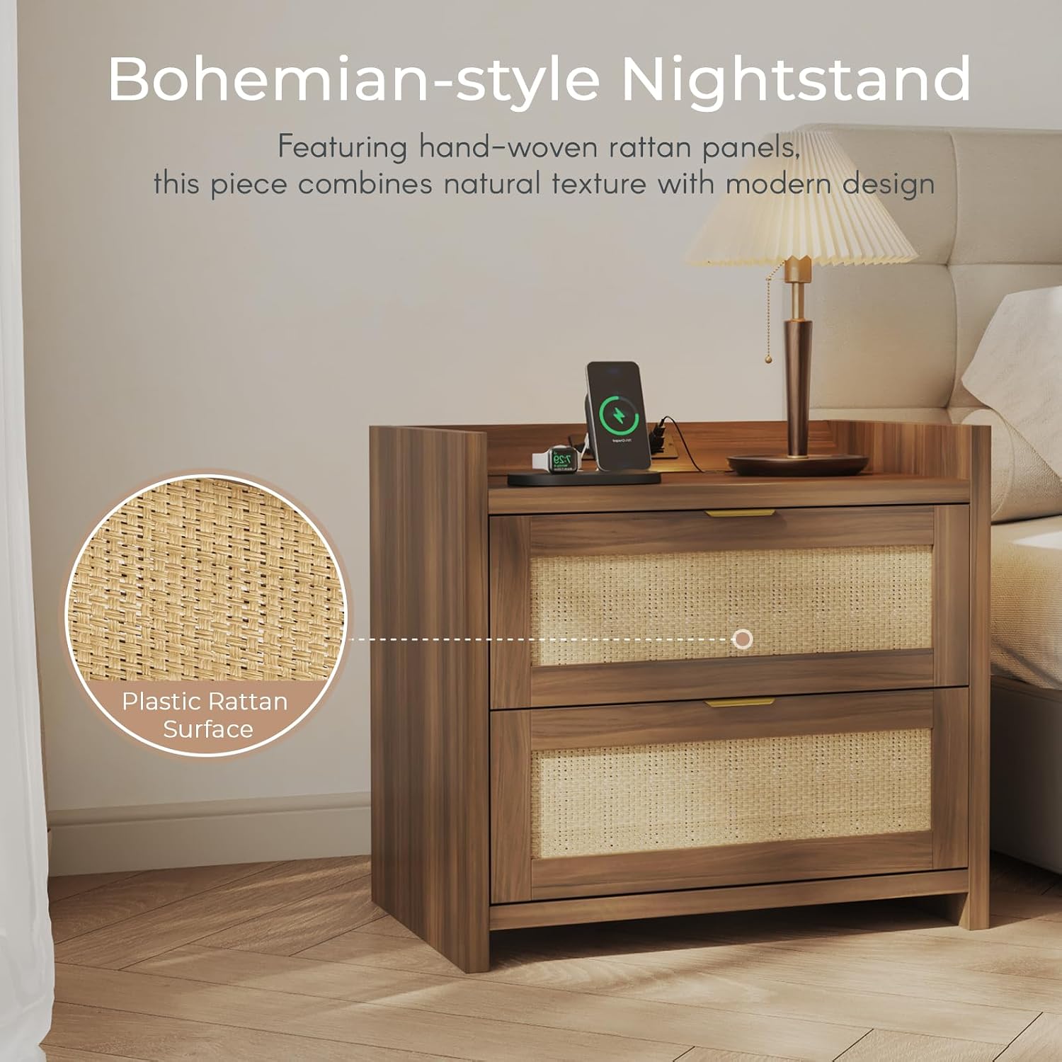 EROMMY Rattan Nightstand with 2 Storage Drawers, Boho End Table with Charging Station, Modern Night Stand with Gold-Finished Handles, Dresser for Bedroom, Study, Living Room, Walnut (1 Piece)
