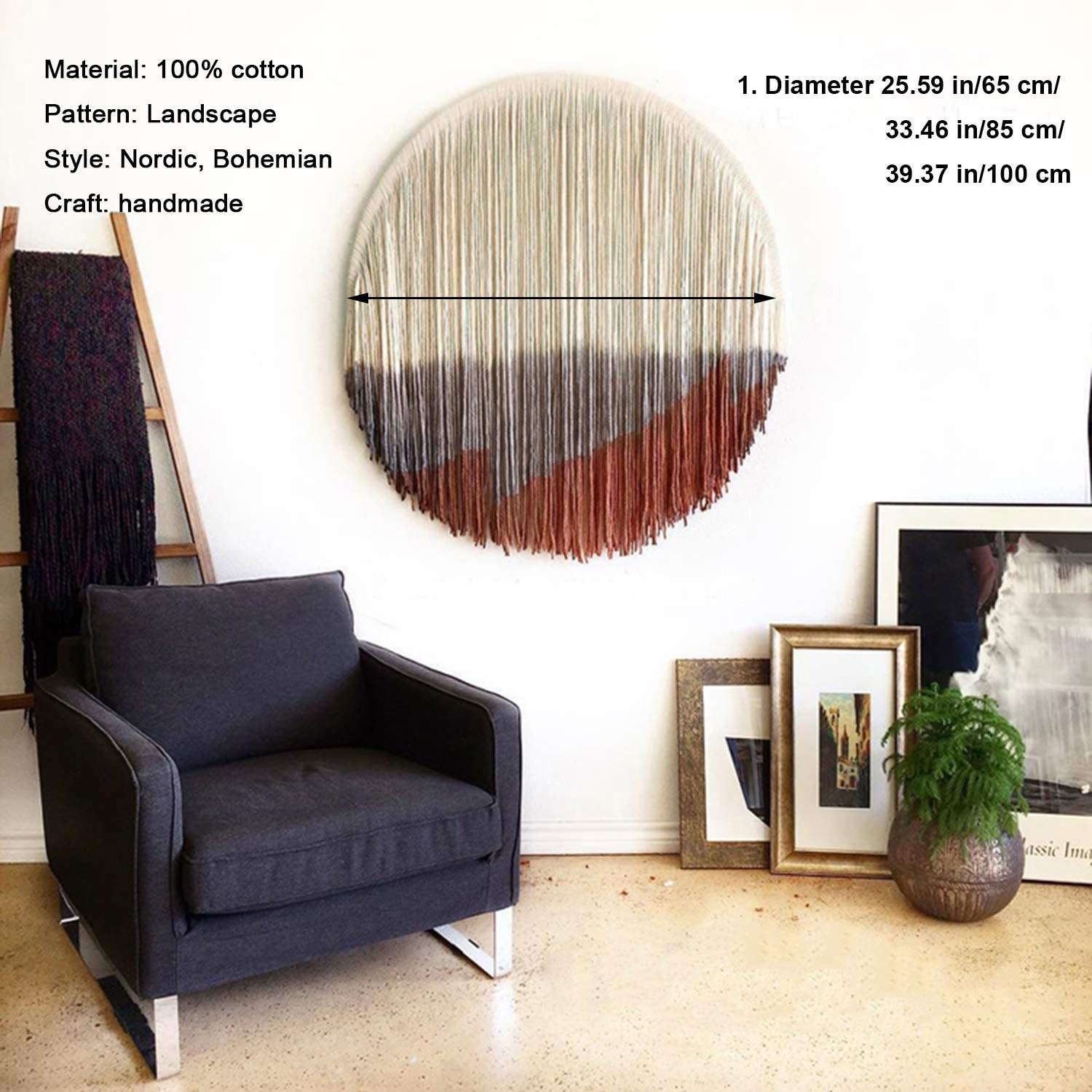 Makramee Wandbehang Gewebter Wandteppich, großer Traumfänger-Tapisserie im böhmischen Stil, handgefertigte, mit Baumwolle gefärbte Wandteppiche Schlafzimmer Hotel Dekoration Beige- 100cm