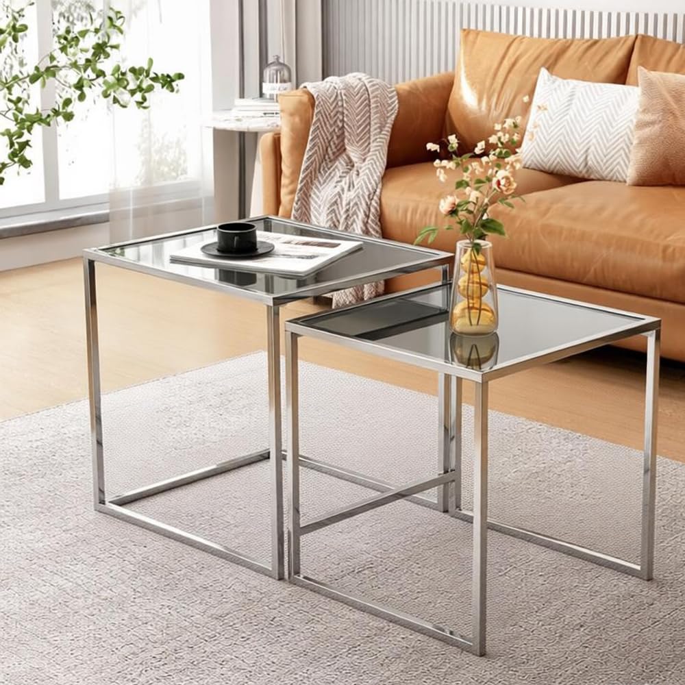 Rainbow Tree Set of 2 Glass Nesting Coffee Tables for Living Room, Square Grey Nest of 2 Nested Tables Sofa Side Table Coffee Table End Tables Space Saving
