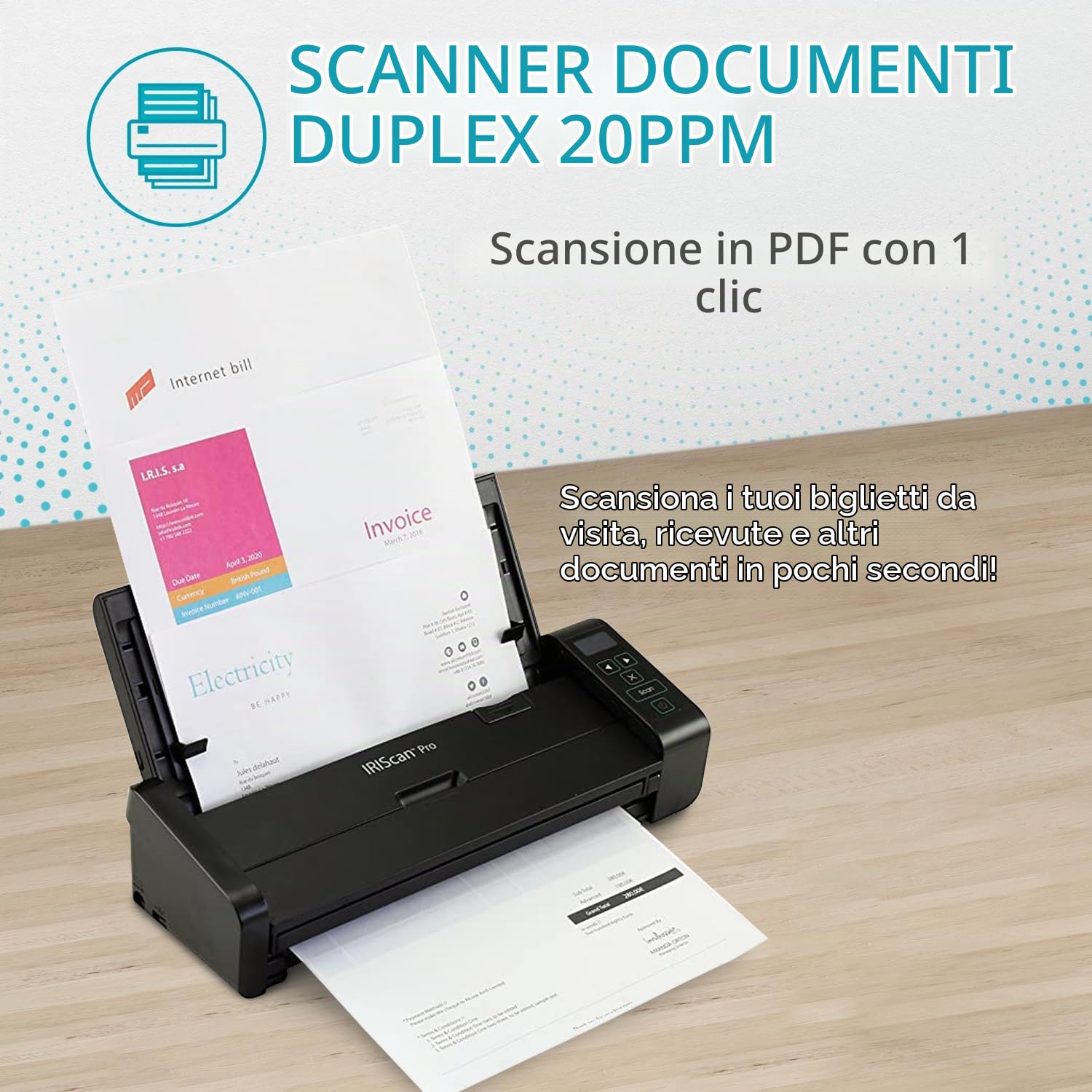 IRIScan Pro duplex scanner documenti-v5pro 20PPM: editor PDF gratuito, scansione in Word, PDF, XLS, biglietti da visita in Outlook, scanner di ricevute, scansione su cloud Win.