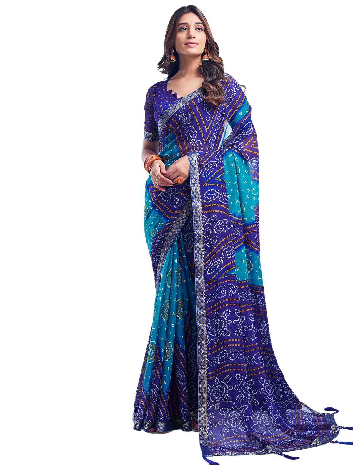 SAMAH Women's Bandhani Printed | Leheriya Printed Chiffon Saree with Unstitched Blouse Piece