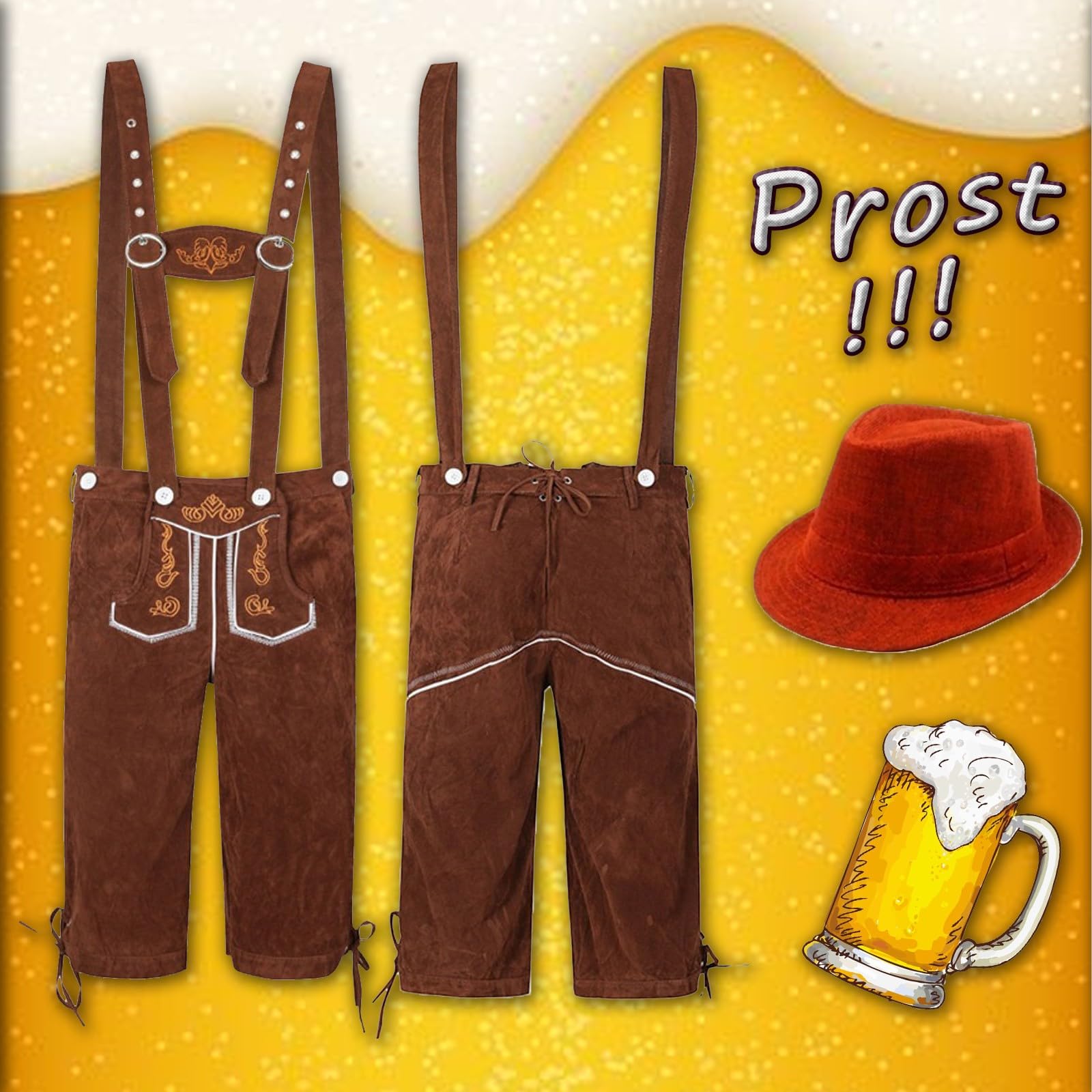 Generisch Trajes étnicos masculinos tradicionales Oktoberfest Peto Mono y sombrero de dos piezas