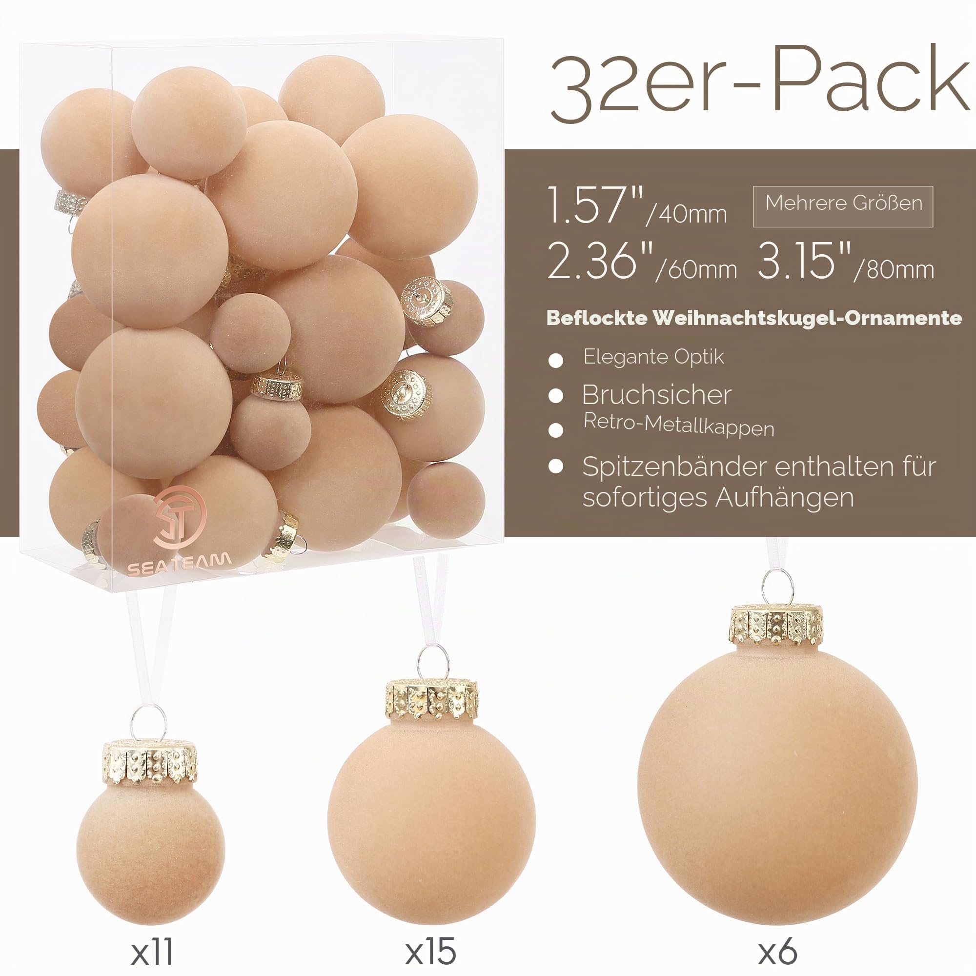 Sea Team 32er-Pack Samt Weihnachtskugeln Verschiedene Größen Beige