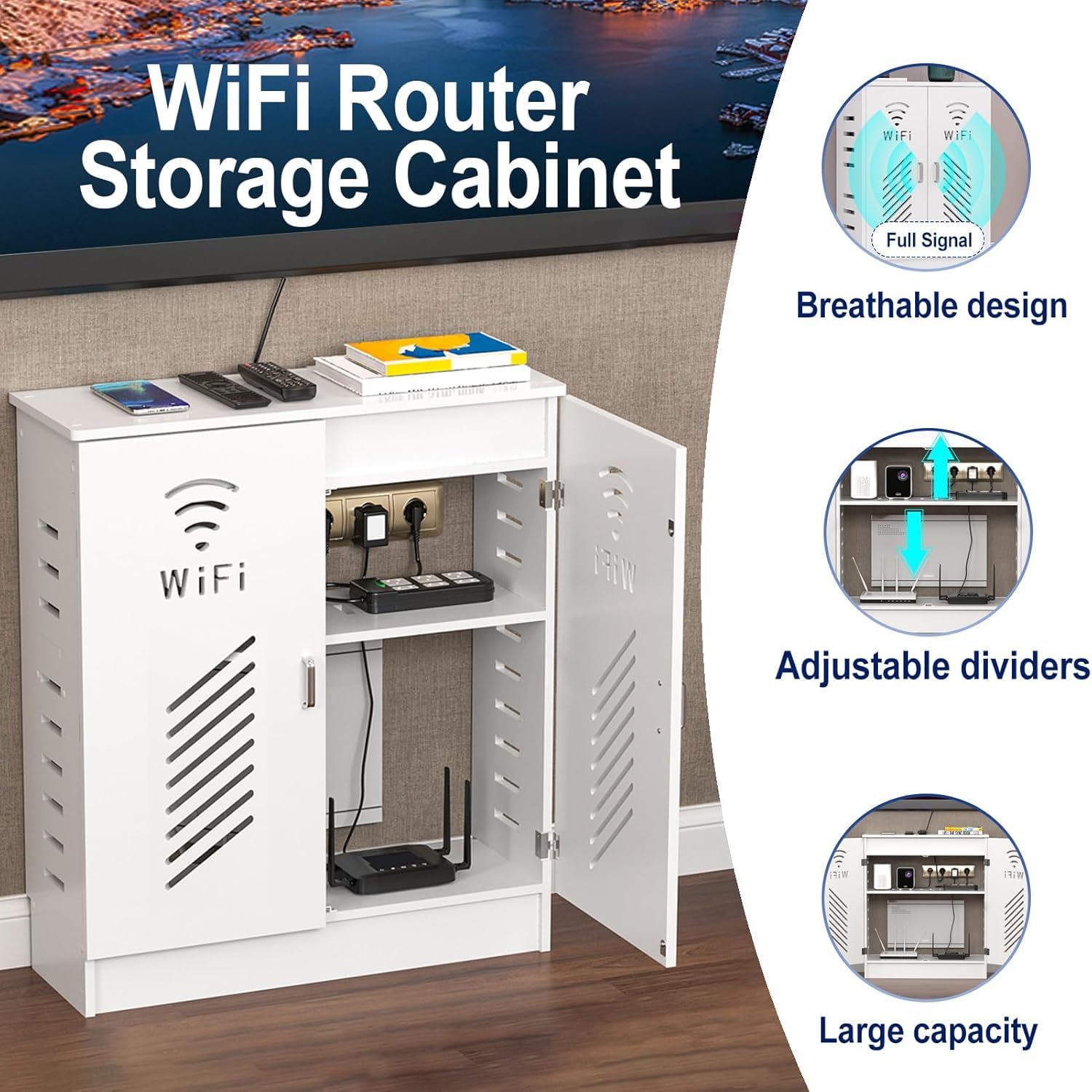 WiFi Router Aufbewahrungsbox, PVC Drahtlose Router Lagerung Schrank | Weiß mit Verstellbaren Regalen, 50X70X25CM, Für Büro und Haus