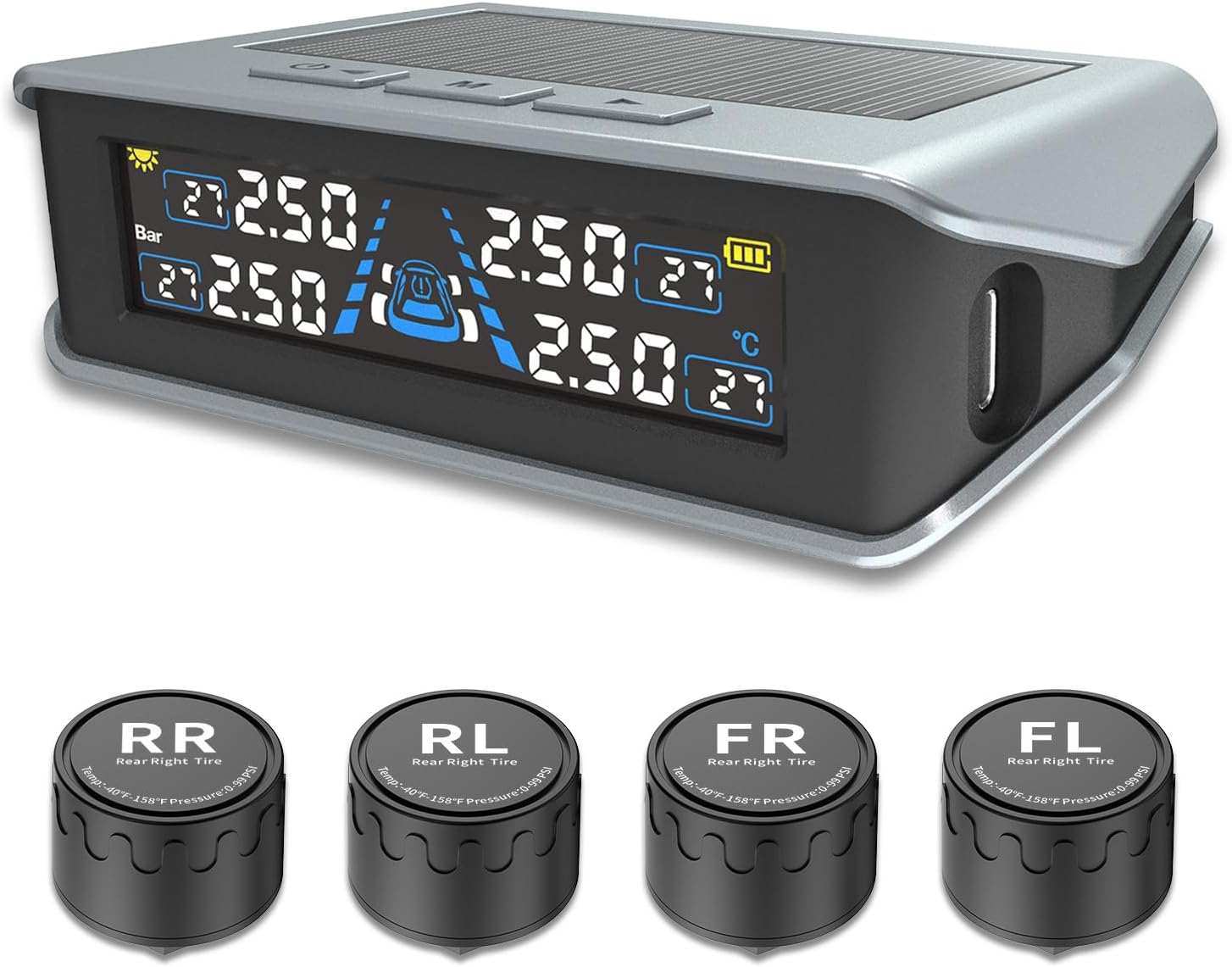 Tire Pressure Sensor, TPMS Air Pressure Sensor, Monitor Car Air Pressure and Temperature in Real-Time, Vibration Detection, Tire Pressure Monitor, Solar/USB Dual Charging, Japanese Voice Guide, IP67 Waterproof, Dustproof, Compatible with a Wide Range of 0-5.0 Bar, Easy Installation, Japanese Instruction Manual Included