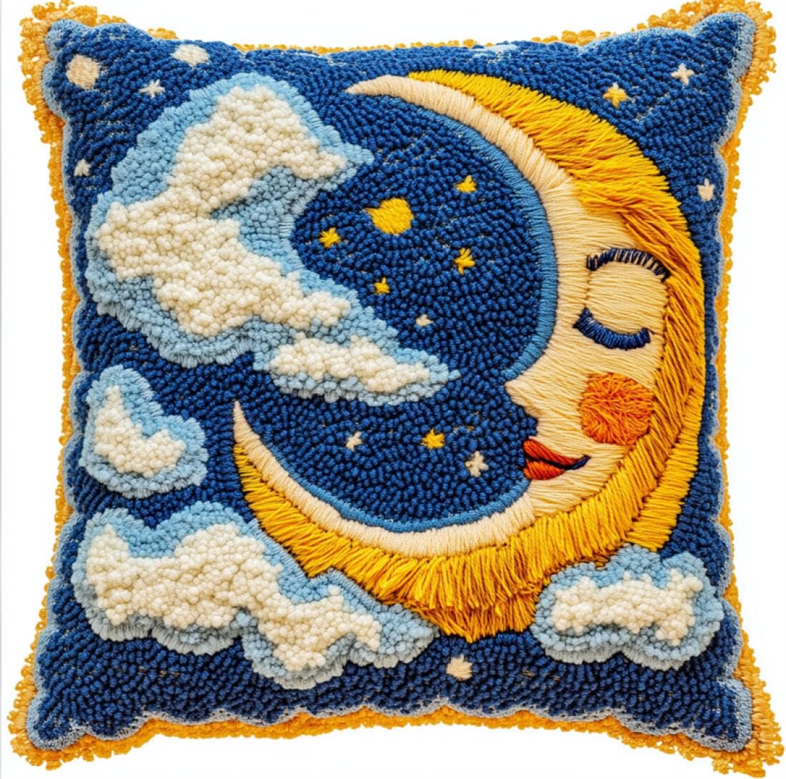 Kitquiver Cushion Making Kit Cartoon Moon DIY Latch Hook Rug Kit for Beginners Embroidery Cushion Canvasfor Adult Beginners 17x17In