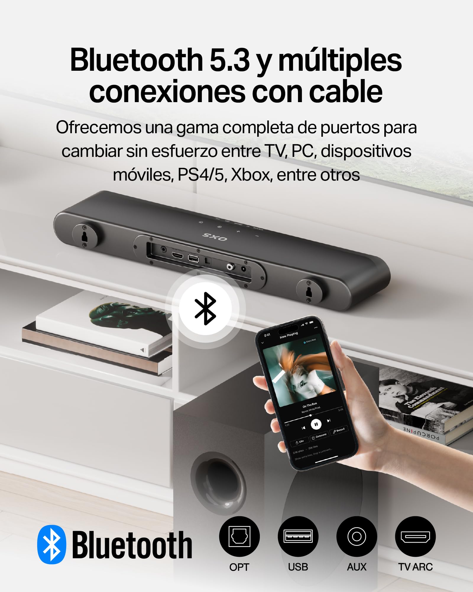 OXS S21 Barra de Sonido, 2.1 con subwoofer, Sonido Preciso con Graves Profundos, 180 W, 3 Modos de Ecualización, Ideal para Películas, Música y Juegos, Diseño Ultra Compacto, Fácil instalación
