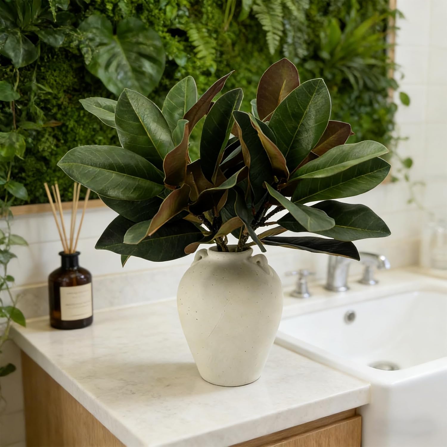 Magnolia Artificial Leaves Branches, 3D Magnolia Stem Life-Like Faux Leaves Twigs for Indoor Vase Filling Home Office Hotel Table Decor, 4 Pack, 22 Inch