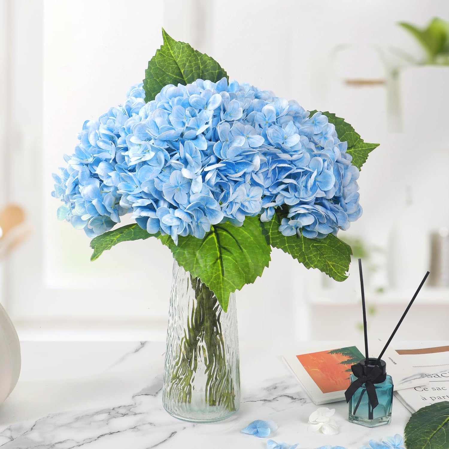 Kmise Hydrangea Artificial Flowers, 22” Real Touch Lifelike Latex Hydrangeas, Large Faux Hydrangea for Home Decor Wedding Bouquets, Lightblue, 5pcs
