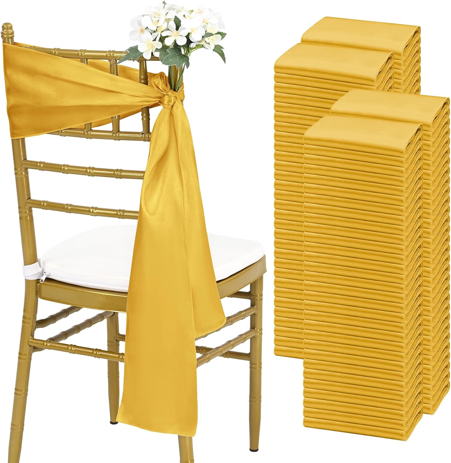 fani 120 PCS Satin Chair Sashes, Bows Designed ChairSashes, 7x78 inch Chair Sashes for Aisle Decorations Universal Chairs Cover Decoration for Wedding Reception Party Banquet (Gold)