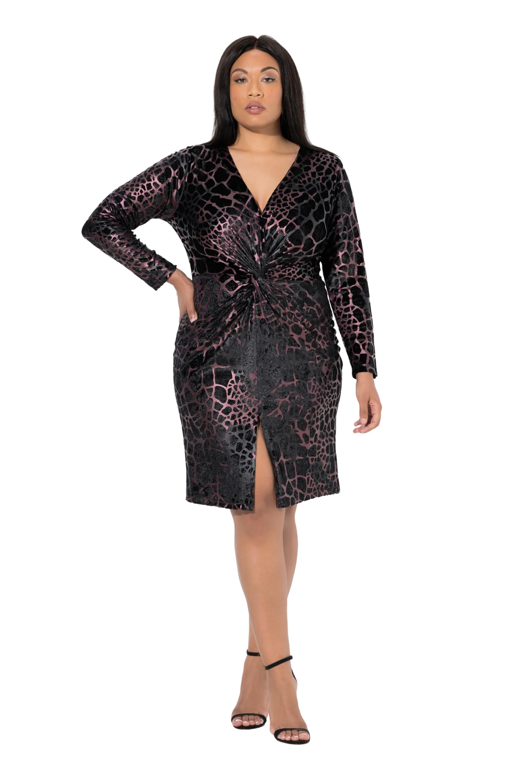 Ulla Popken Damen große Größen Übergrößen Plus Size Jerseykleid, Animal-Flockdruck, V-Ausschnitt, Langarm 847412