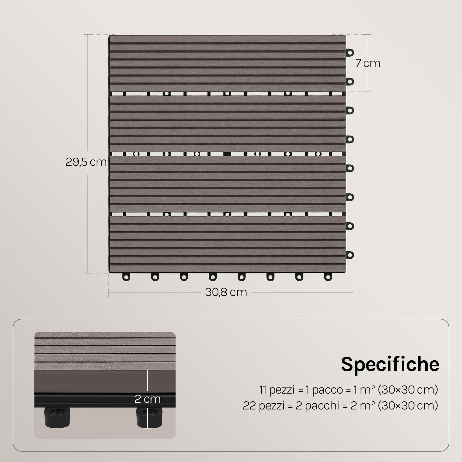 WOLTU Piastrelle per Pavimenti da Esterno Balcone/Giardino/Terrazza Pavimentazione ad Incastro in WPC, Legno Composito, con 22 Pannelli da 30x30 cm Caffè
