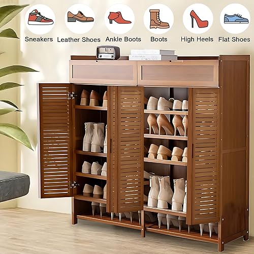 Miniatura 4 de HRDKJ Zapatero de bambú con puertas dobles, 7 capas, organizador de zapatos de gran capacidad para pasillo, dormitorio, sala de estar, cocina, baño,