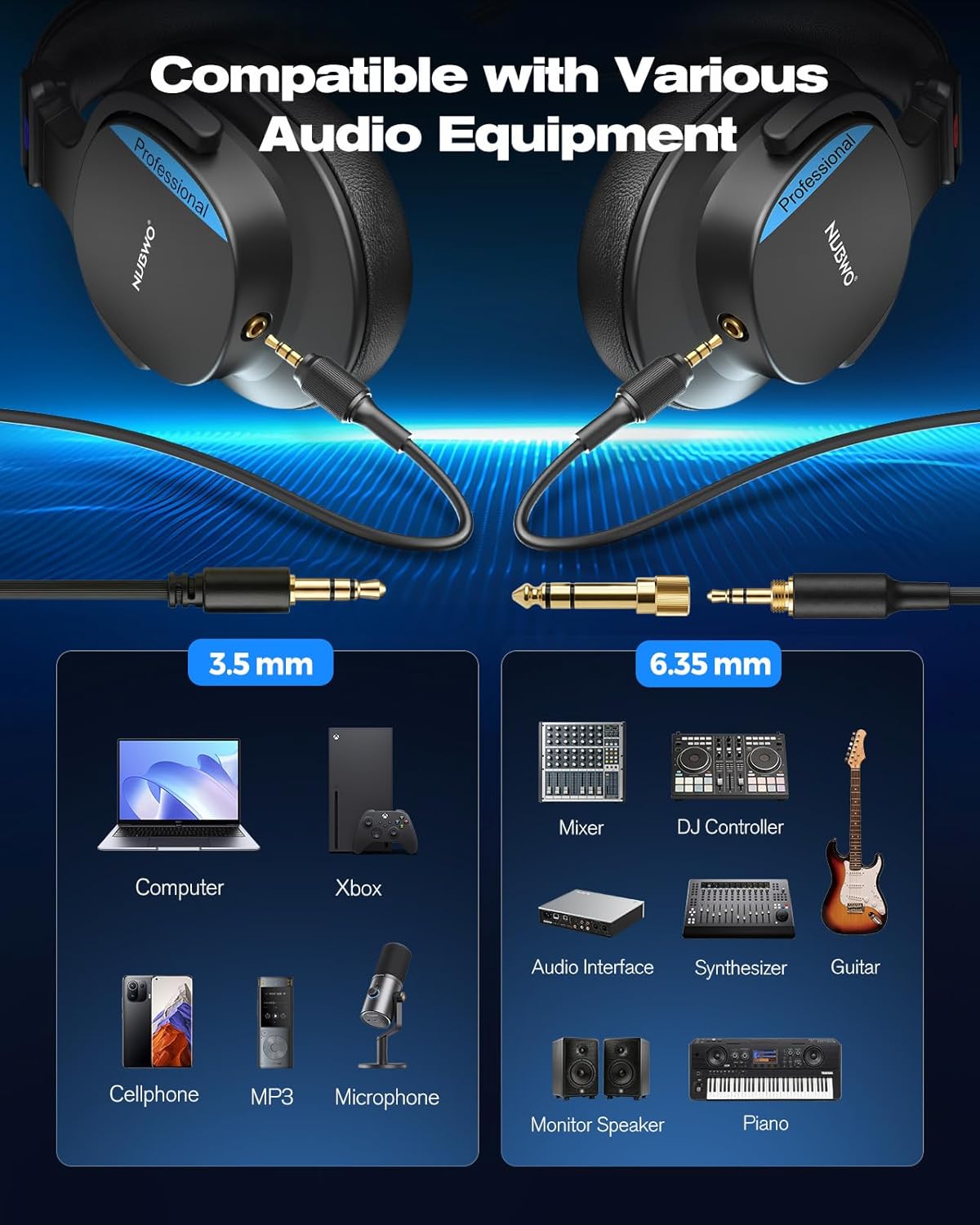 NUBWO Studio Headphones Wired, Hi-Res Over Ear Headphones with 3.5/6.35mm Detachable Jack, 180° Flip Earpads, 45mm Drivers Professional Monitor Headsets for Mixing, DJ, Recording, Guitar, Piano-HD01